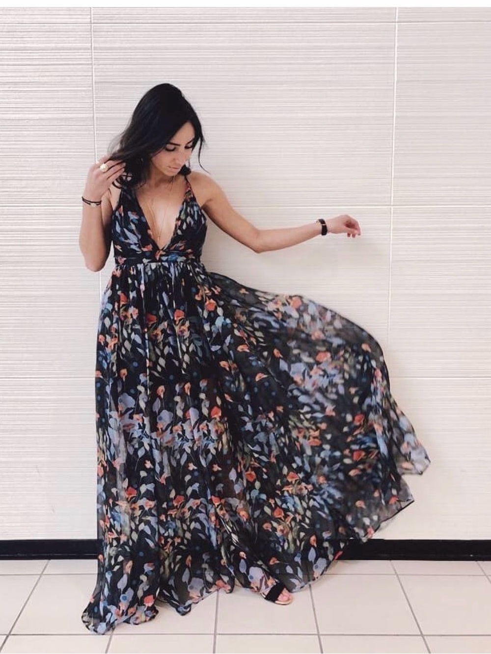 Black Floral Maxi Dress with Plunging V-Neck Honey Boutique